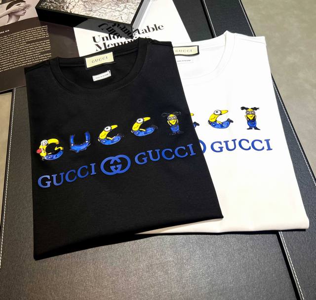 100 Gucci~2025年新款春夏丝光棉200克重短袖T恤上新：Gucci新款搭配印花烫钻工艺结合字母以及设计俏皮可爱的图案不失重，有年轻视觉效果感！ 颜色