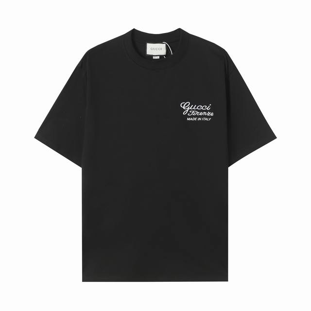 9028# P80 G家夏季Logo字母刺绣情侣圆领双纱纯棉休闲经典T恤短袖，纯白色配前后宝兰色刺绣， 颜色：黑色 码数：S M L Xl Xxl