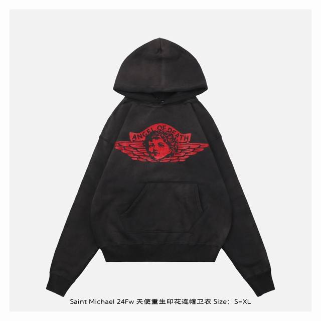 ：440 Saint Michael 24Fw 天使重生印花连帽卫衣 面料选用380G纯棉面32织底8织精梳棉面料，内里半拉毛类摇粒绒面料，美式宽松落肩版型，整