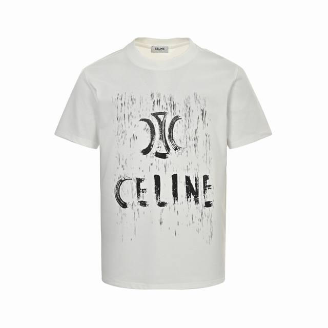：160 Celine 赛琳 25Ss 做旧Logo印花短袖 面料采用32支双纱280克高克重纯棉面料 同缸定织定染原版同色螺纹 进口机器白墨直喷印花工艺，柔软