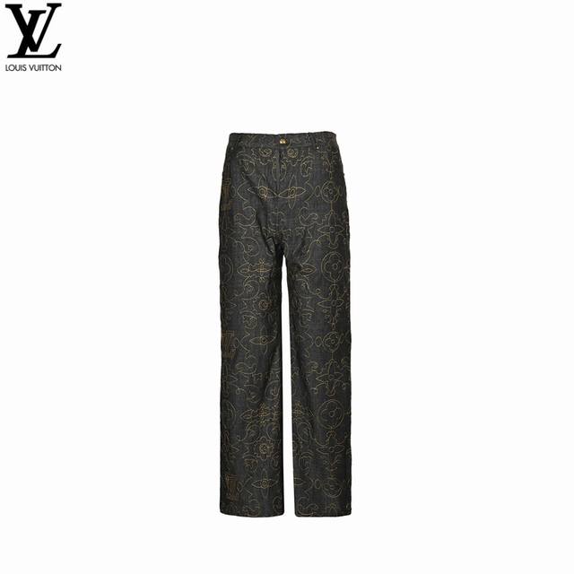 ：350 Louis Vuitton 路易威登 24Fw 金线刺绣老花套装牛仔裤 本款牛仔裤依托明线工艺重绎 Monogram 元素，以撞色纱线刺绣 秋冬时装秀