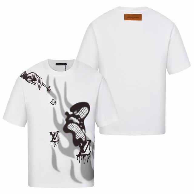 170 Louisvuitton 路易威登25春夏数码火焰手指短袖 非常时髦前卫的一款男女同款短袖，标识Logo图案印花修饰其吸睛度完全不亚于任何式，将时髦高级