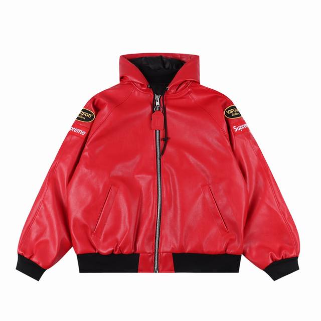 490 Supreme X Vanson Leathers 联名款 Fw24 Jacket 徽标刺绣贴布拉链连帽皮衣夹克外套 Travis Scott同款 面料