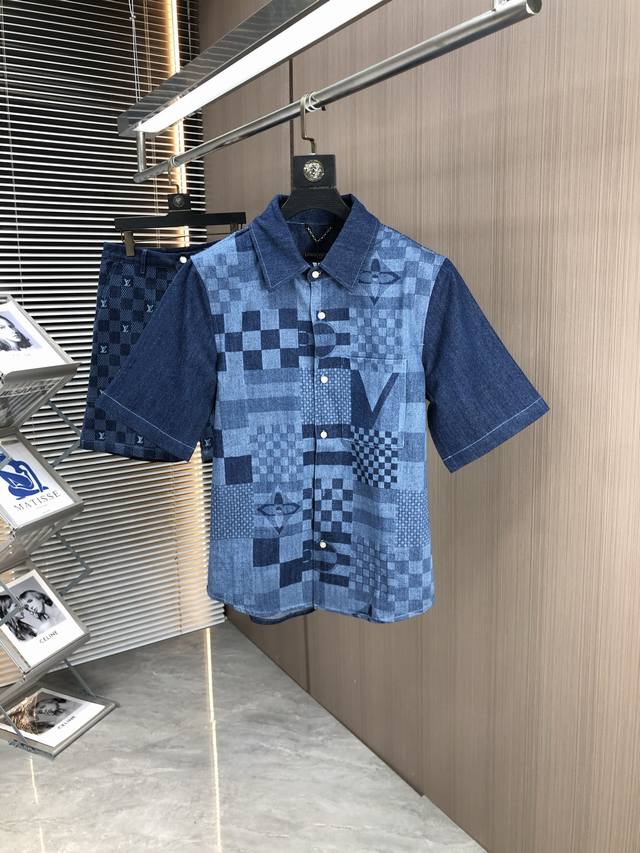 上衣 P340 短裤 P340 Louis Vuitton 路易威登25Ss 最新款棋盘拼接牛仔衬衫外套美洲杯联名 经典蓝色几何图案老花满印的设计 格纹的纹路与