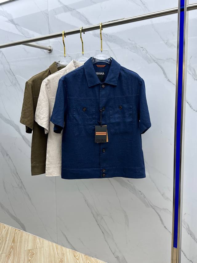 P460 亚麻面料Zegna 杰尼亚 2025开春新品翻领半袖亚麻外套，法式慵懒老钱风穿搭！夏日叠穿神器！衣橱必备单品！进口100% 亚麻面料天然肌理轻盈透气质