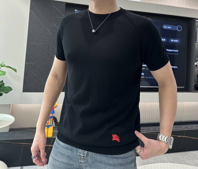 P300 型号D-7310#，B家 2025春夏最新战马绣标男士圆领短袖针织衫，精选针织棉质面料制成， 80支超柔长绒棉，16针密致针法，纹理清晰，紧密不易变形