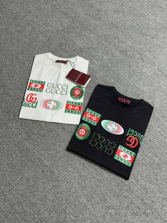 P230 Gucci 2025#春夏新品经典短袖T恤； 80支双丝光长绒棉定制专属面料，颜色搭配非常漂亮，充满着顶级奢华 精品中的精品！ S-3Xl
