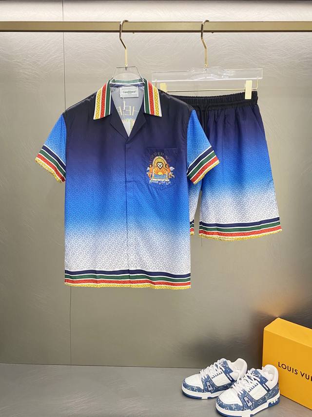 单件130一套240款号S#335 Casablanca 卡萨布兰卡 2025新款 满印短袖衬衫 套装 扎染Logo印花设计 入眼即是潮、 原版定制斜纹布面料