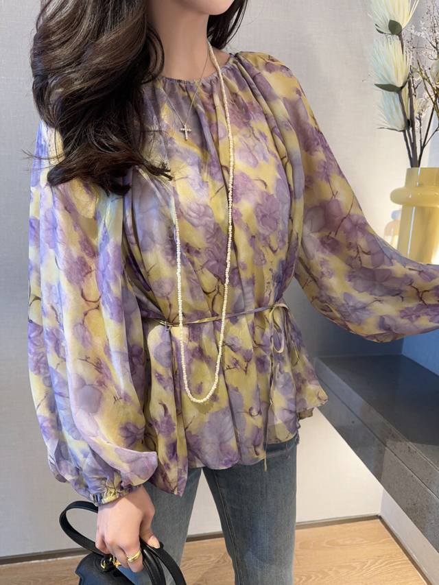 P320 上衣 法式度假风紫罗兰印花真丝上衣 绝美配色 宽松版型配腰绳 面料：真丝 尺码：S Xl