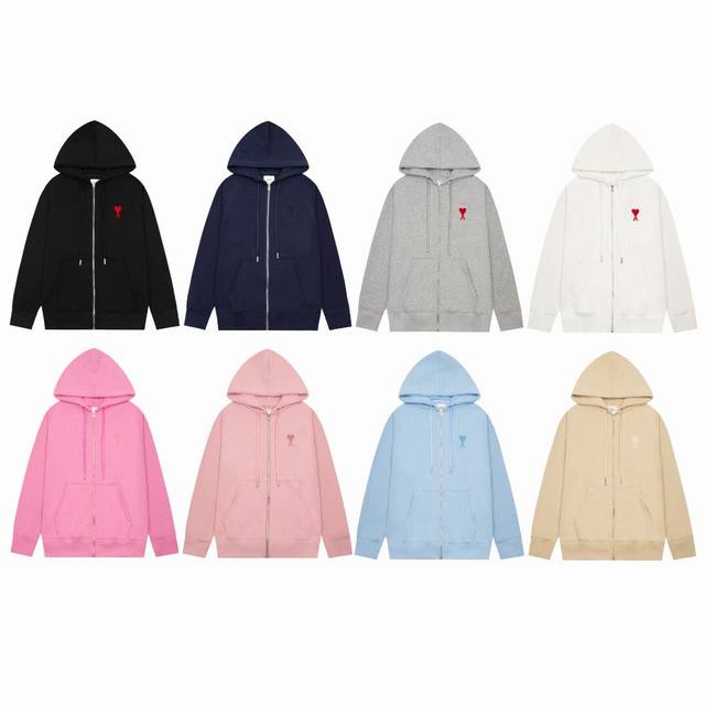 P270Ami 马卡龙爱心刺绣拉链连帽外套，男女同款 380G定制粗糙手感面料 正确插肩袖做工 每一处细节100%还原官网 螺纹采用500G高克重重磅纯棉螺纹