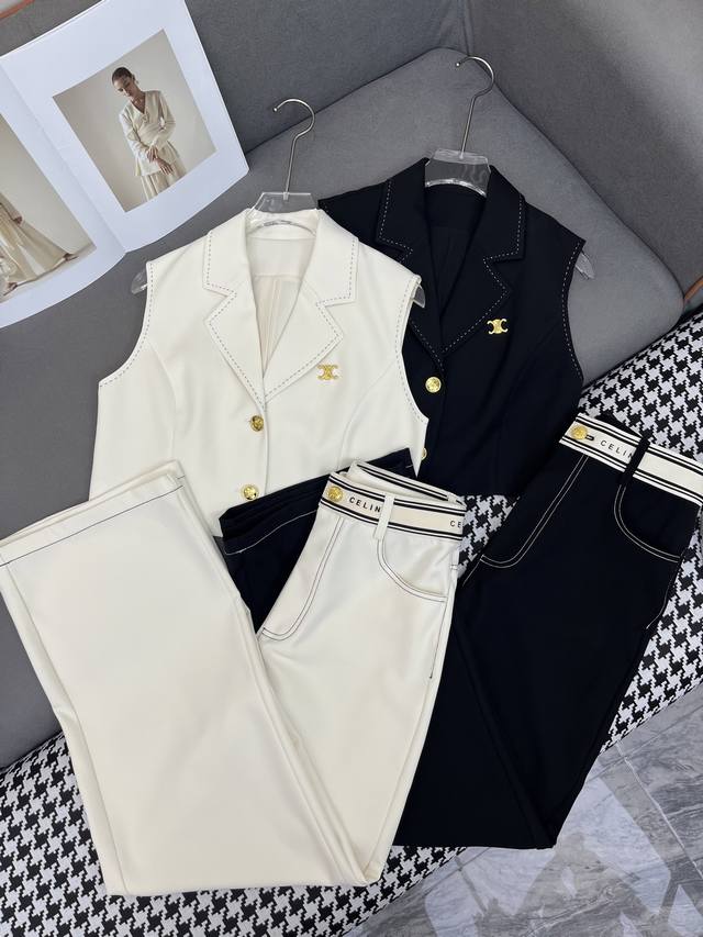 Celin* 25Ss新款马甲阔腿裤套装 挑明线设计 金属徽章装饰 气质款 两色三码Sml P440
