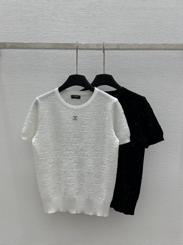 P240Ch家 早春新款 纯色圆领珠片针织短袖 颜色：白色 黑色 尺码：36.38.40