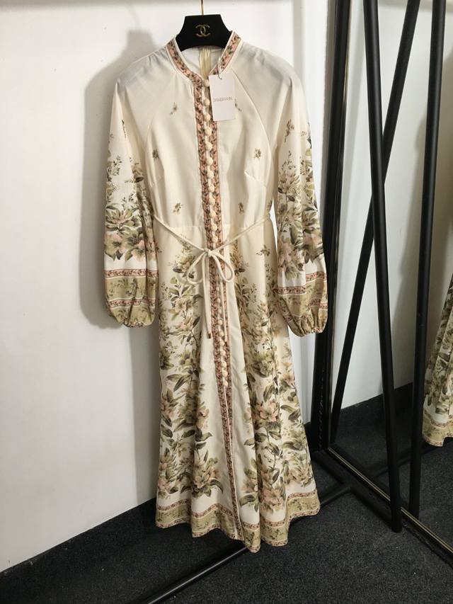 P310款号5114 Zimmermann新款 亚麻粉花绿叶花卉印花灯笼长袖连衣裙 长裙，米白色，S-Xl， S码；胸围86，腰围72，袖长70，总长136