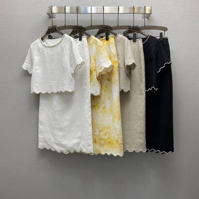 P500Va*25Ss 重工特色花边剪裁手工钉钻点缀设计轻奢风套装，高级面料，颜色:图片4色，面料：亚麻面料 Smlxl