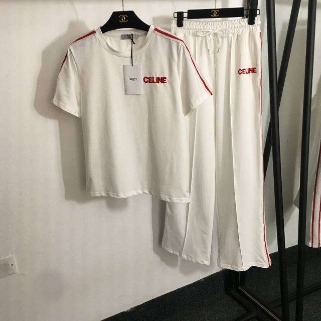 P160款号20250535 Celin*新款运动套装，简约刺绣Logo 短袖T恤+织带拼边休闲阔腿长裤，白色，黑色，S-Xl， M码；肩宽38，胸围98，袖长