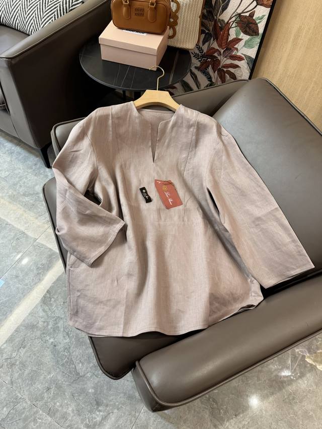 My020#新款衬衫 P400 Lp Loro Piana 100% 麻 V领金扣长袖防晒亚麻衬衫 藕紫色 白色 超级爆款 36 38 40