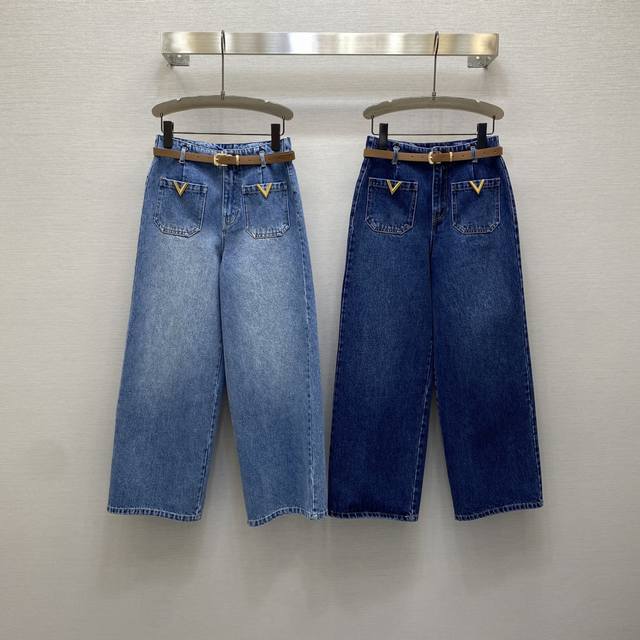 Va*25Ss 重工定位洗水口袋金属扣点缀设计直筒九分裤， 配送腰带 高级面料，颜色:图片2色，面料：牛仔棉面料 Smlxl P340