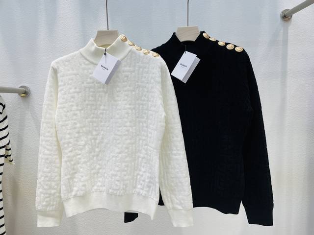 P200Balmain&巴尔曼新款女士暗纹单肩金扣高领针织衫 2色三码Sml现货供应
