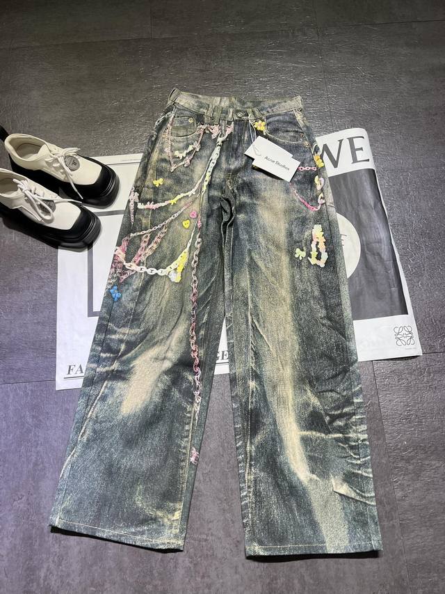Pp P290 Acne*牛王25Ss 糖果链条3D错觉印花弯刀牛仔裤长裤出货，超级无敌帅，个性十足，补单100%，出货就爆啦，谁拿谁补单26，27，28。29