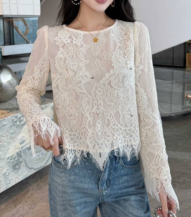 P250 上衣 法式简约修身蕾丝上衣 杏色 Smlxl