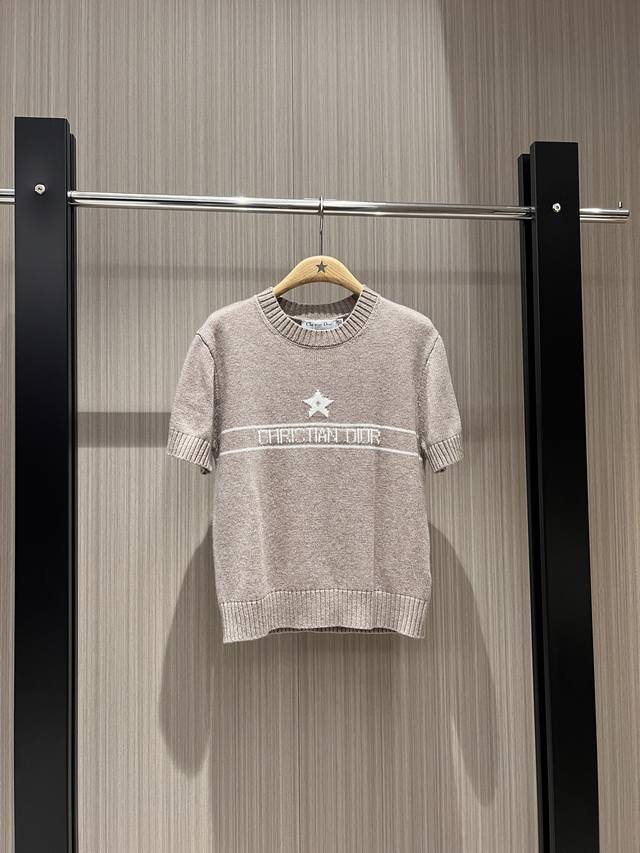 P270新款邝玲玲同款 字母Logo提花星星针织短袖上衣通勤气质 休闲百搭 减龄必备 蓝色卡其Sml .