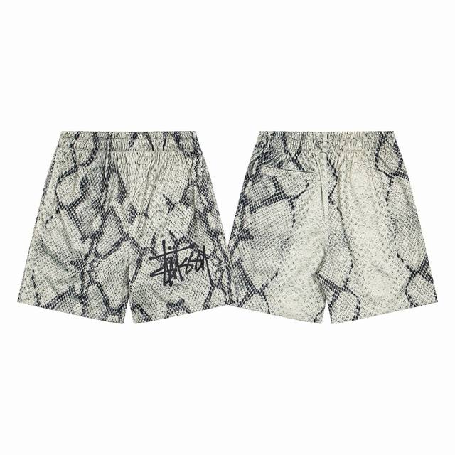 120 stussy 斯图西蛇纹短裤 美式潮牌宽松版型松紧腰抽绳短裤五分裤 经典Logo 网眼印花 经典款式高街滑板摇滚风格 颜色：骨色 码数：S M L Xl