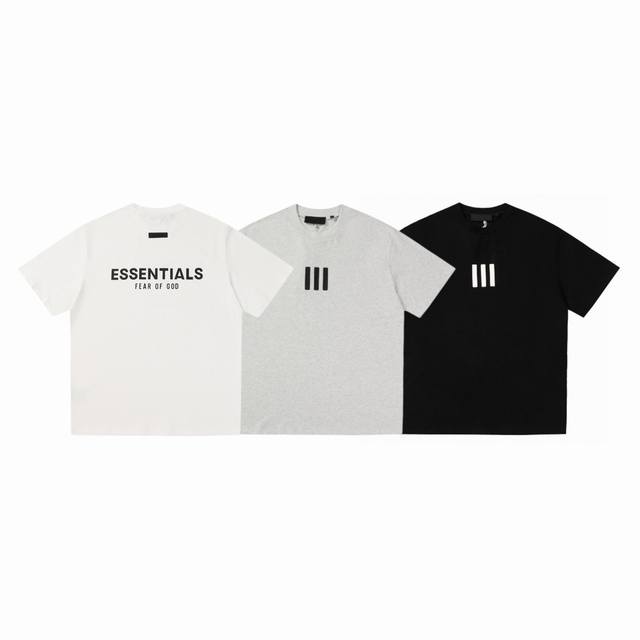 100（ fear Of God Fog Essential X Adidas 联名款三道杠 Logo印花圆领短袖T恤 color：黑色 白色 灰色 size：