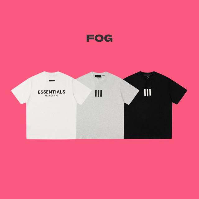 100 fear Of God Fog Essential X Adidas 联名款三道杠 Logo印花圆领短袖T恤 color：黑色 白色 灰色 size：S