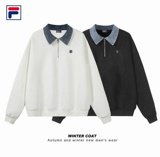 上新 P150【 Fila斐乐25品质春秋青少年麂皮绒牛仔领拼色潮流半开衫卫衣外套】 优质柔软棉纤制 不变形 不起球 细腻不糙手 耐磨性高 走线工整 亲肤抗皱等