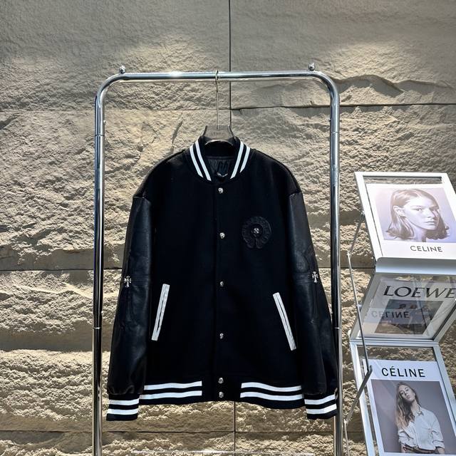 240包邮 chrome Hearts / 克罗心Ss23十字架铆钉皮标棒球服夹克外套 - 正品打版，各细节1:1对比！明星网红人均上身款，版型宽松不挑身材！