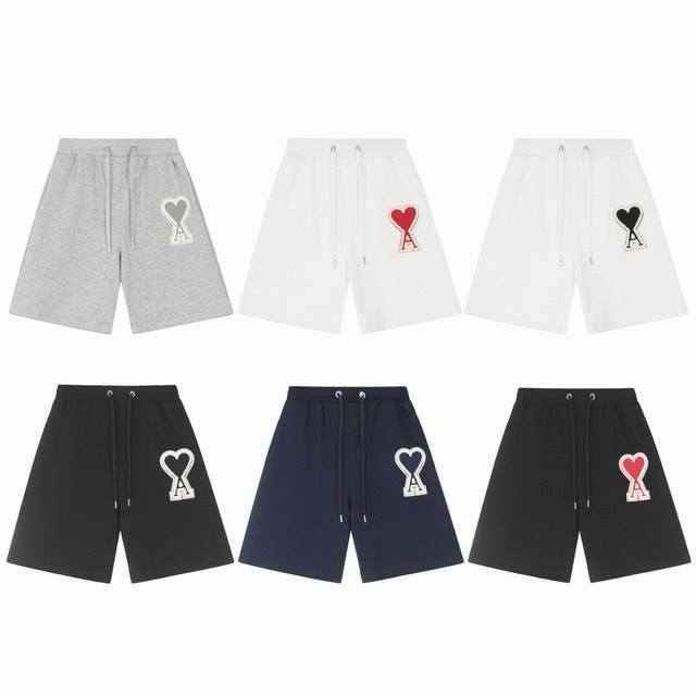 110包邮 ami Paris 经典大 A 爱心章仔刺绣情侣休闲毛圈短裤-顶级版本 有配套短袖 color：白色红心 白色黑心 灰色灰心 黑色黑心 黑色红心 藏