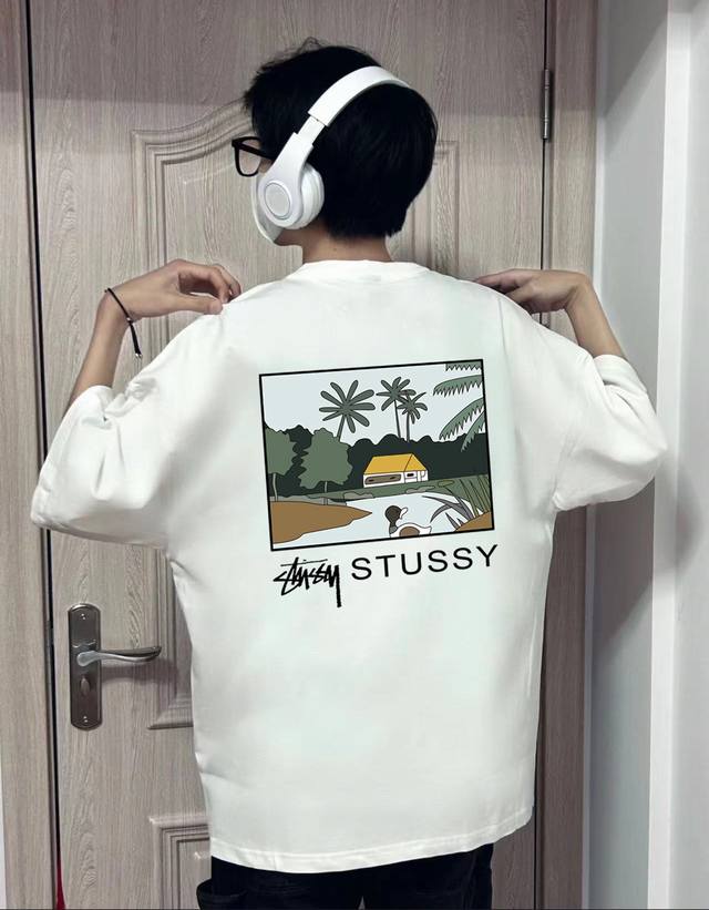 80包邮 stussy 斯图西田园风光圆领短袖半袖T恤 面料采用260克纯棉双纱食毛面料 双线二本针压线 久洗不变形 原版定制三标 高端进口印花 随意水洗 情侣