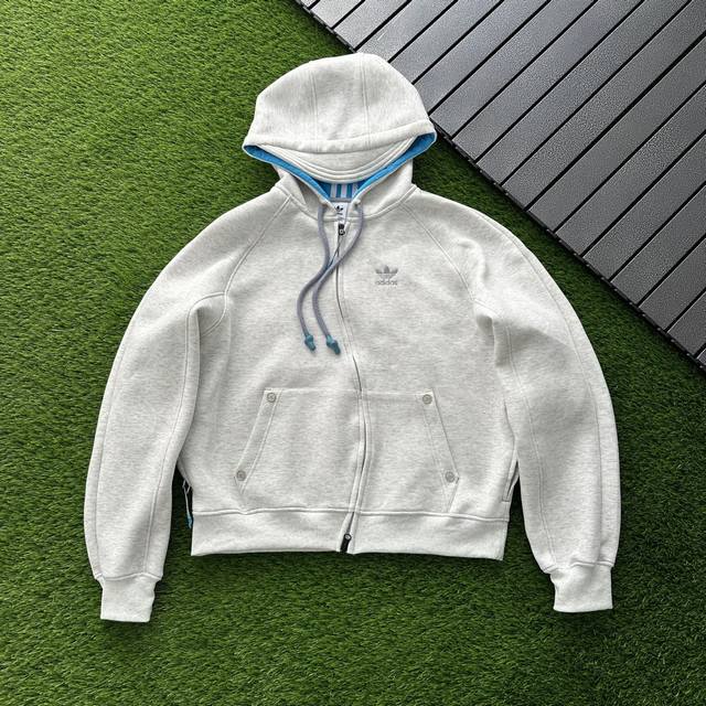 240包邮 adidas Originals X Ordinary People 联名款 Fw24 拼色解构设计曲线门襟开衫全拉链连帽长袖外套卫衣男女款 【Ad