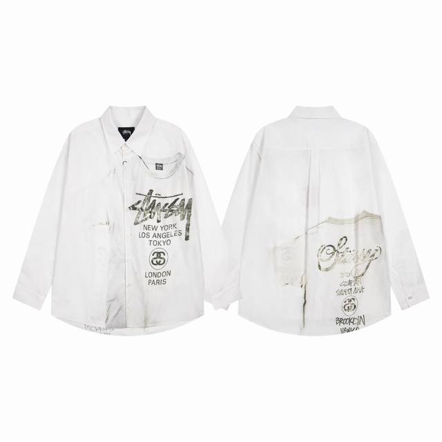 160 stussy斯图西Ss24经典世界巡游系列长袖衬衫 男女同款情侣衬衫-顶级版本 这款宽松版型长袖衬衫来袭！做旧印花设计，复古又个性，把纽约、洛杉矶、东京