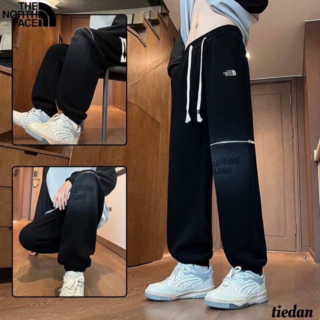 140北面The North Face春季新款，男女同款松紧腰百搭潮流侧拉链高品质水洗棉宽束两穿长裤，男士卫裤，休闲裤！ 裤子版型宽松 细节完美 水洗针织面料耐