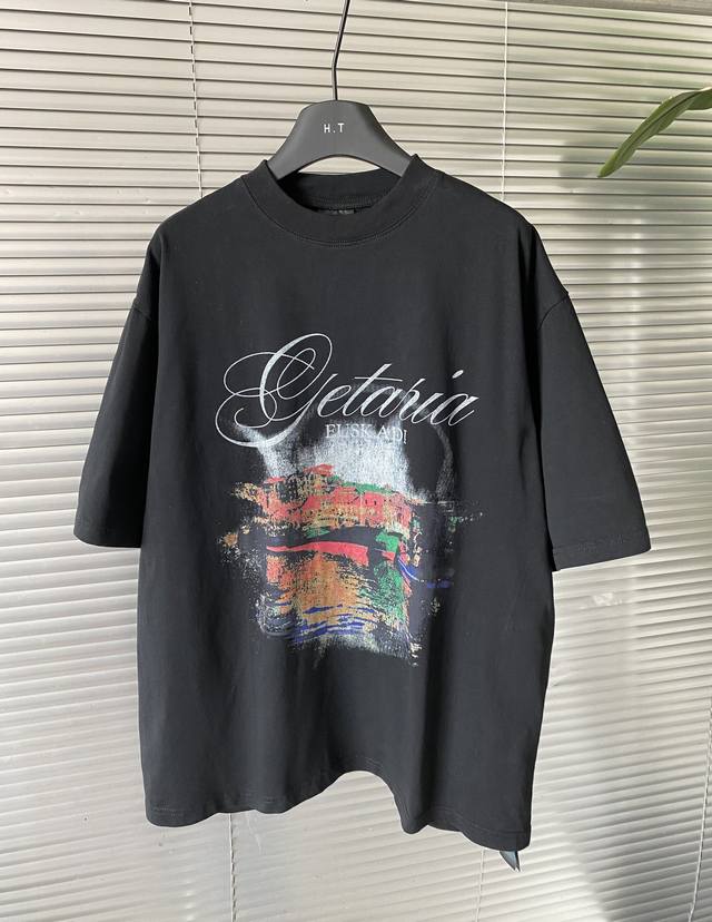 上新P130 Blcg 巴黎Getariat港口风景帆船Logo字母 印花 水洗 做旧 情侣款 圆领 纯棉 短袖 T恤 潮牌 宽松 休闲 简约 洗水短袖T恤，2
