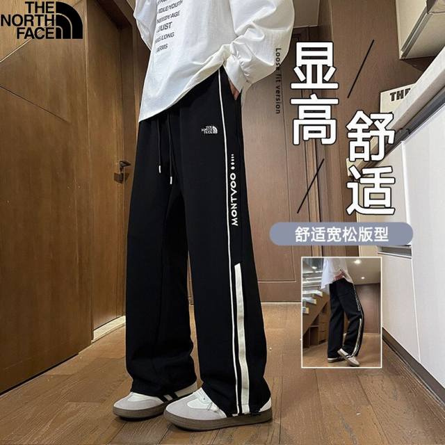 140北面The North Face春季新款，男女同款松紧腰空气层侧边字母潮流刺绣休闲裤，男士百搭卫裤，显瘦长裤子，直筒裤！ 颜色:黑色，灰色 尺码:M-5X