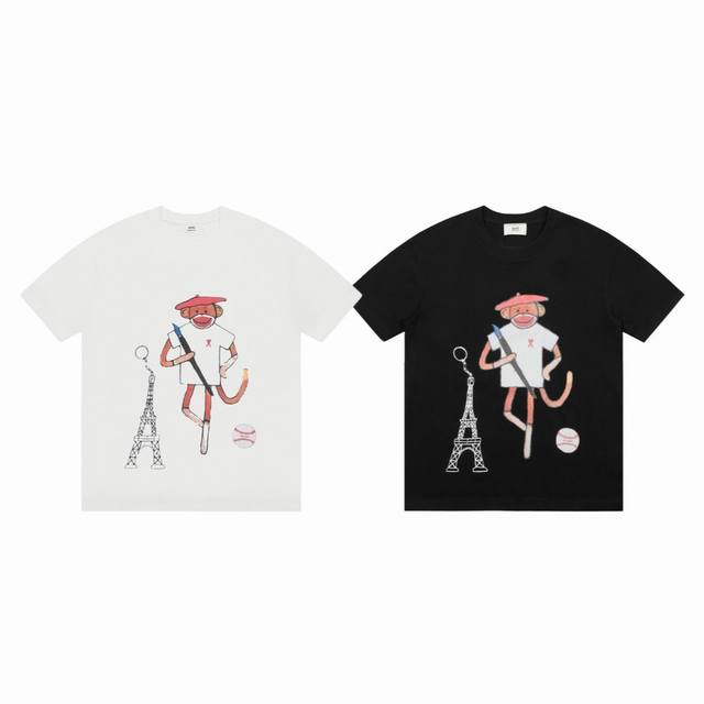 100 ami Paris 艾米 Nova 艺术家联名款限定猴子印花圆领情侣短袖T恤-顶级版本 color：白色 黑色 size：S M L nomber：25