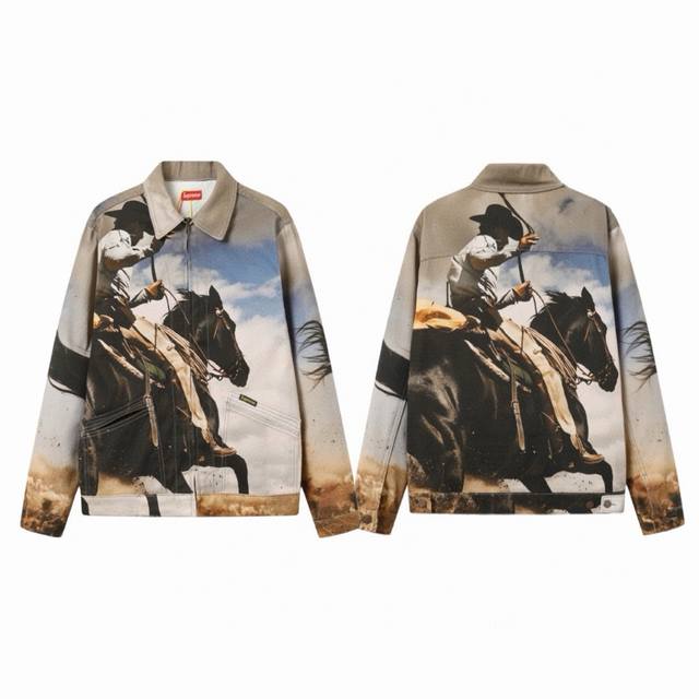 260 supreme Cowboy Denim Work Jacket 经典套马杆西部牛仔印花情侣翻领牛仔外套夹克-顶级原单版本 color：棕色 size：