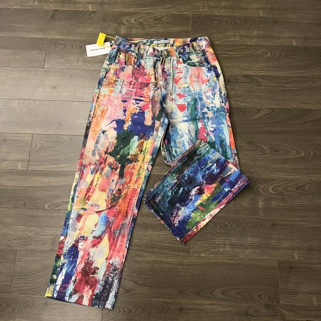 210 acne Studios 1981 鹿晗同款 2025 最新彩绘油画彩虹水彩涂鸦重工水洗情侣牛仔裤休闲直筒裤-顶级原单版本 color：彩色 size：