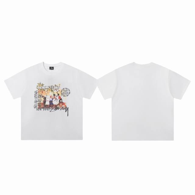 100包邮 stussy X Denim Tears 斯图西联名款25Ss 卡通印花 圆领短袖T恤-市场最高品质 color：白色 黑色 size：S M L