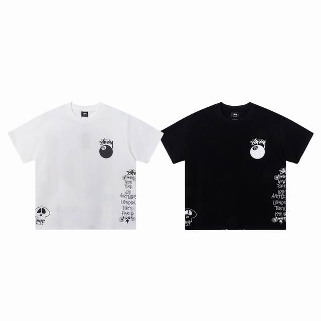 100包邮 stussy 斯图西 25Ss 骷髅黑八弹幕字母 Logo印花圆领短袖T恤-市场最高品质 color：白色 黑色 size：S M L Xl num