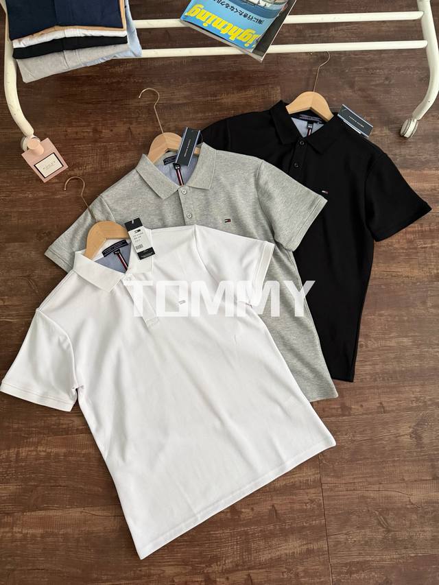 120包邮 黑色 白色 灰色 尺寸：M-3Xl 汤米25新款经典刺绣Logo字母Polo衫夏季珠地网眼商务休闲短袖T恤 线上500+ 64支双重水洗珠地棉网眼，