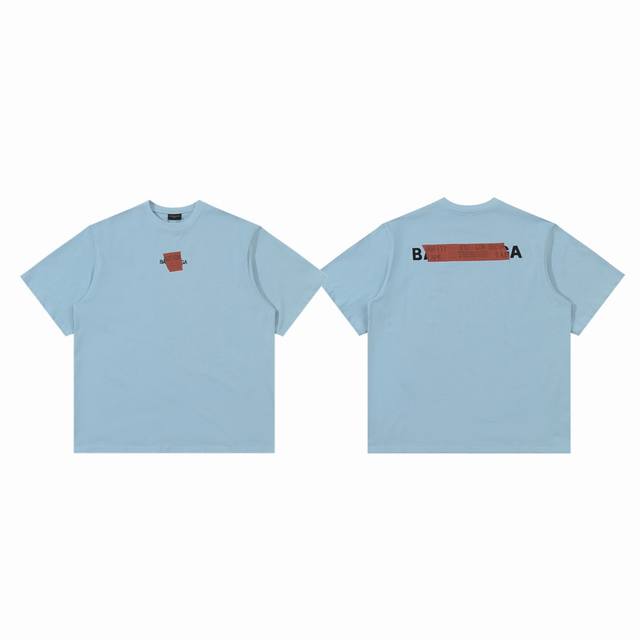 120包邮 balenciaga 巴黎世家 25Ss 小字母刺绣Logo红胶带印花情侣圆领短袖T恤-顶级版本 color：雾蓝色 size：S M L numb
