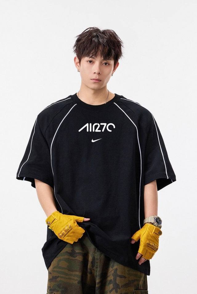 100 新款耐克Nike包条插肩撞色拼接Ins 领口螺纹针织情侣同款宽松落肩短袖T恤 面料: 300G重磅纯棉新疆长绒棉 采用特定重磅32S精棉平纹针织面料，3