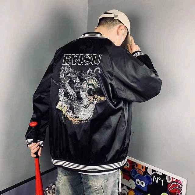 上新260 evisu福神25款腾蛇环绕重工刺绣两面穿复古夹克男女同款 搭配情侣更赞哦 高版本两面可穿 高品质官网发售款｜超级推荐｜超人气单品Ins小红书热门爆