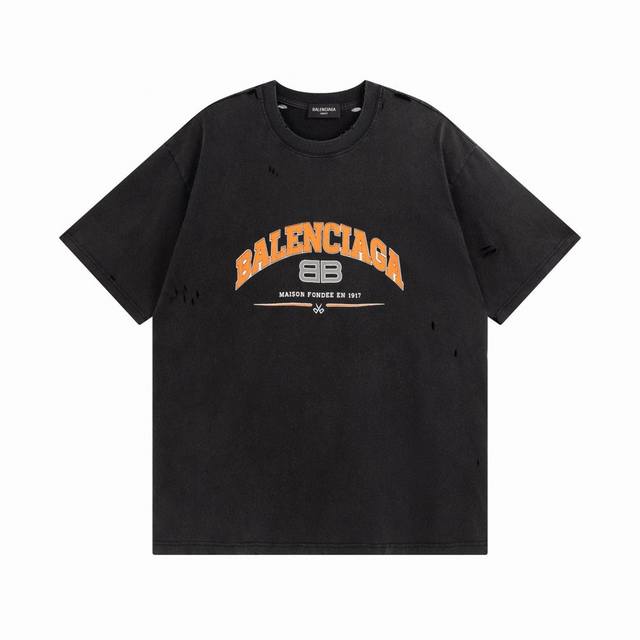 110 Balenciaga/巴黎世家2025 Ss 经典Bb剪刀Logo字母印花水洗做旧破洞短袖T恤 本市场No.1的质量 真正天花板品质 全部原版开发注意细