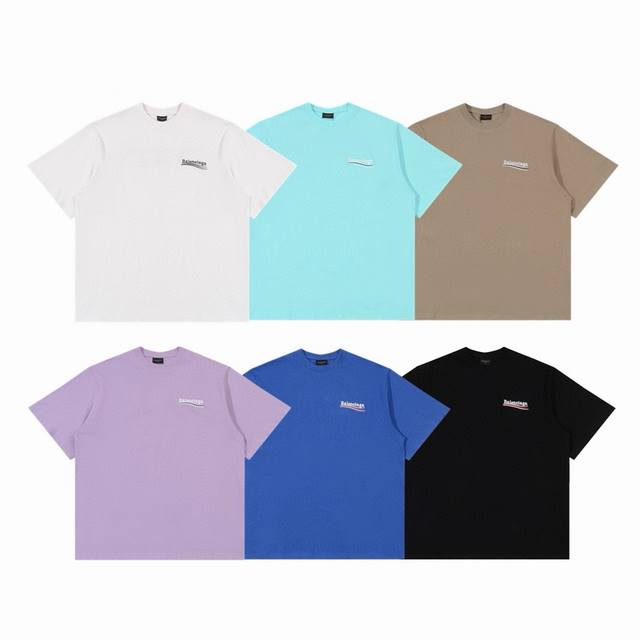 120 balenciaga 巴黎世家 经典海浪可乐刺绣 Logo 情侣圆领短袖T恤-顶级版本 color：黑色 白色 湖蓝色 紫色 棕色 克莱因蓝 size：