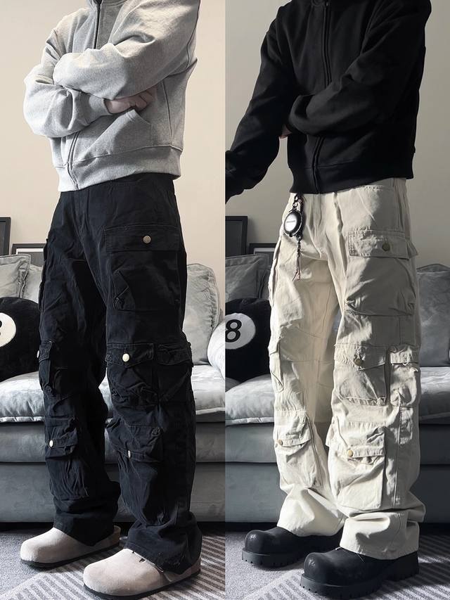 100 款号Xk3221 美式复古重工多口袋工装裤男女Cleanfit宽松直筒阔腿裤子，面料定制经过一流的高工艺水洗 ，质地紧密 色泽均匀 纹理清晰，上身非常舒