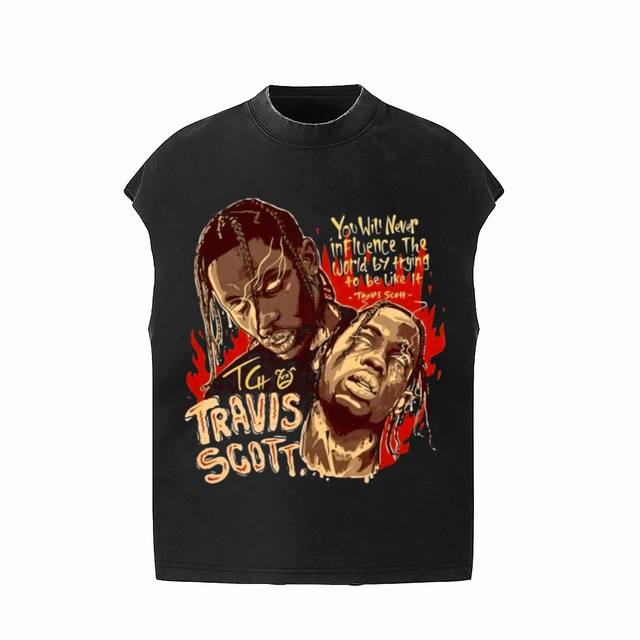 #Vt020 P70 travis Scott斯科特Big Face人像演出限定浮夸搞怪印花复古水洗做旧无袖坎肩T恤 小领口设计 白墨数码直喷印花 手工磨破工艺